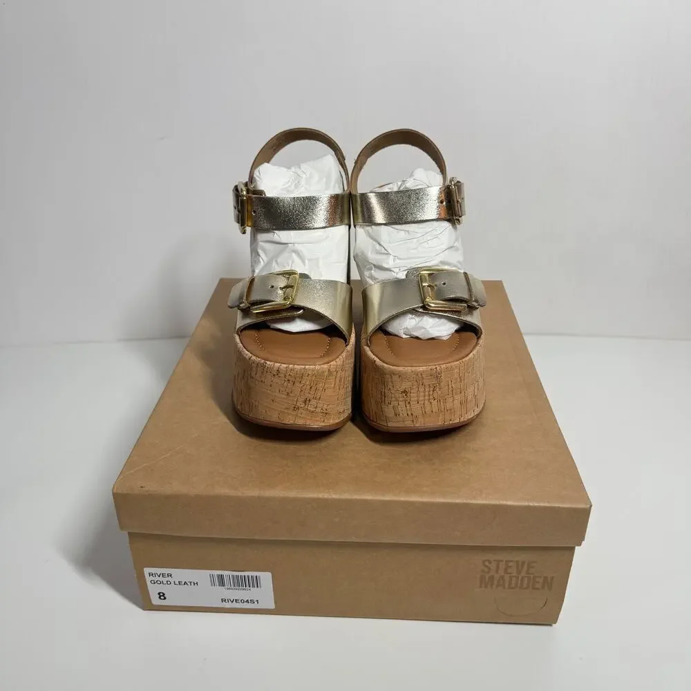 NEW Steve Madden River Platform Wedge Sandal 8 Gold Leather Buckle Ankle Strap